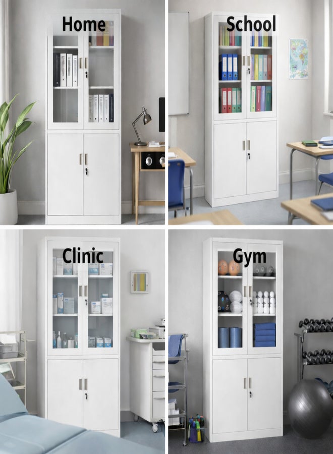 Harmony Home خزانة تخزين معدنية من هارموني هوم ببابين زجاجيين و 4 أبواب مع قفل ورفوف قابلة للتعديل - منظم معدني أبيض للمكتب، المنزل، المدرسة، الصالة الرياضية، الصالون، العيادة ودار الرعاية - أبيض - Image 5